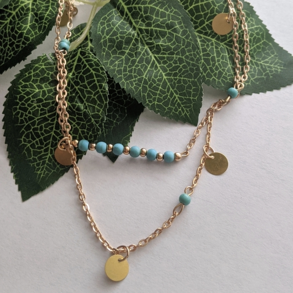 2 layer turquoise and gold necklace